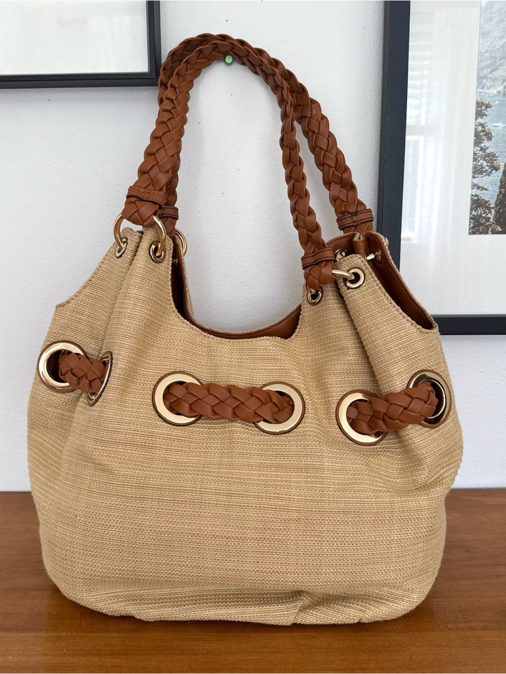 Michael Kors Large Braided Raffia Shoulder Bag in Natural/Tan - Picture 5 of 9